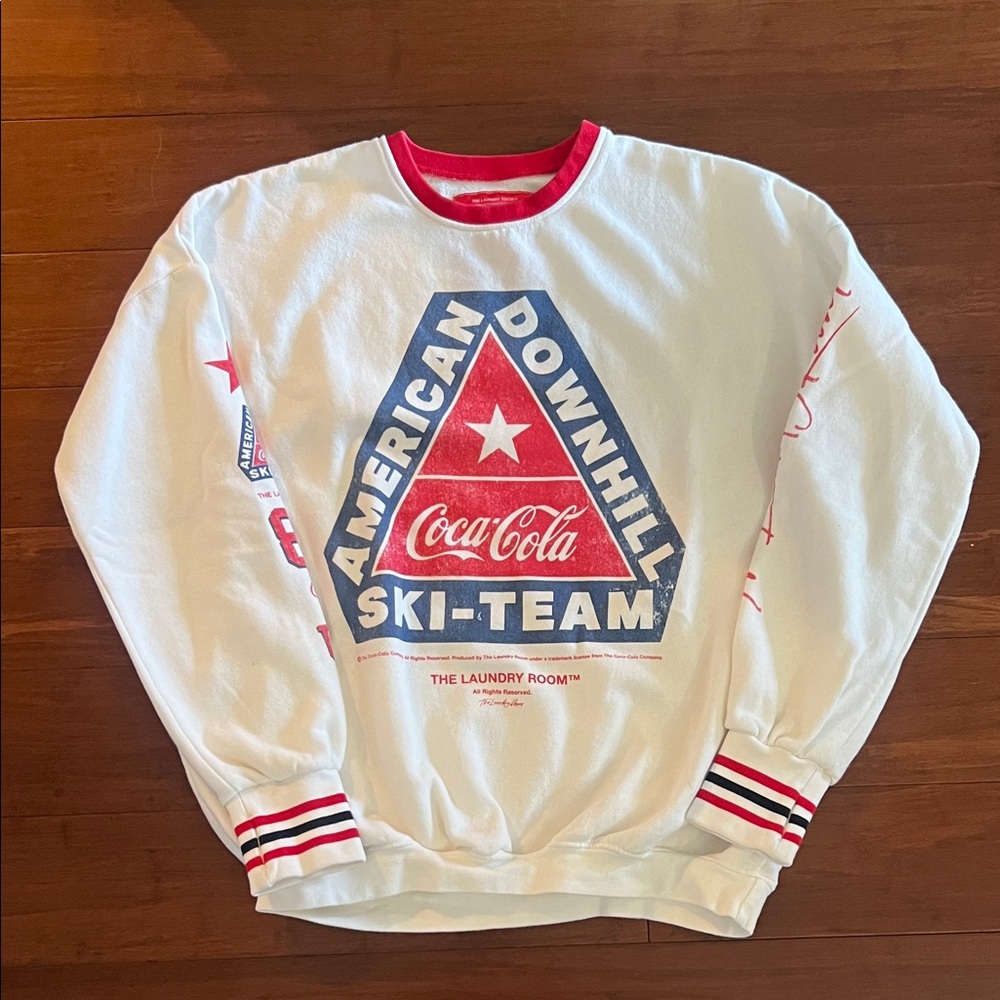 Coca Cola White Crewneck Sweatshirt with Red & Navy Ski-Team Graphic